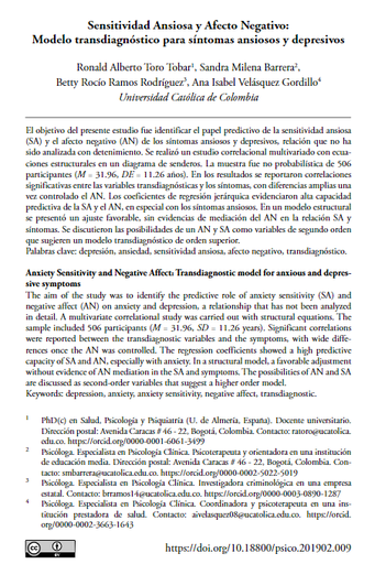 Sensitividad Ansiosa y Afecto Negativo: Modelo transdiagnóstico para síntomas ansiosos y depresivos