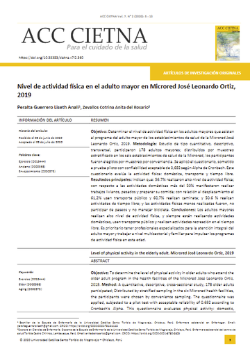 Nivel de actividad física en el adulto mayor en Microred José Leonardo Ortiz, 2019