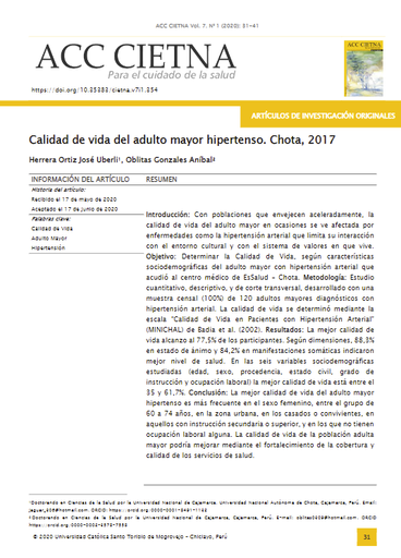 Calidad de vida del adulto mayor hipertenso, Chota 2017