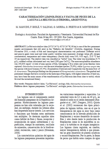 Caracterización limnológica y fauna de peces de la laguna La Helvecia (Córdoba, Argentina)
