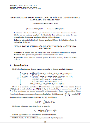 Existencia de soluciones locales débiles de un sistema acoplado de Kirchhoff