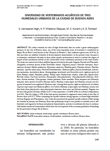 Diversidad de vertebrados acuáticos de tres humedales urbanos de la ciudad de Buenos Aires