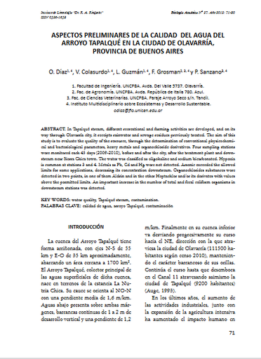Aspectos preliminares de la calidad del agua del arroyo Tapalqué en la ciudad de Olavarría