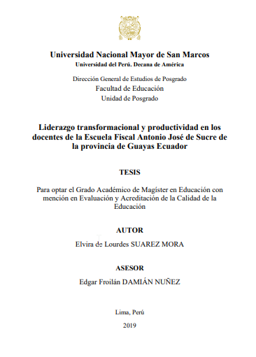 Liderazgo transformacional y productividad en los docentes de la Escuela Fiscal Antonio José de Sucre