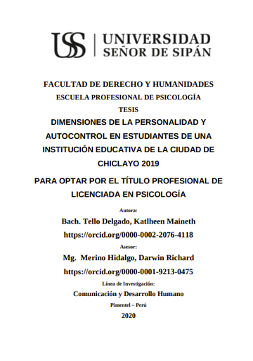 Dimensiones de la personalidad y autocontrol en estudiantes de una institución educativa de la ciudad de Chiclayo 2019