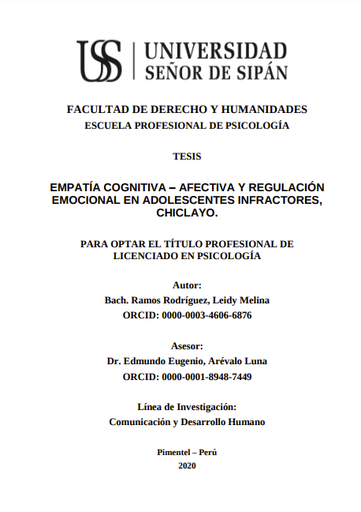 Empatía cognitiva - afectiva y regulación emocional en adolescentes infractores, Chiclayo