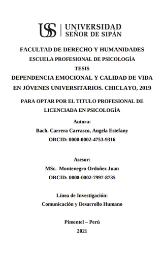 Dependencia emocional y calidad de vida en jóvenes universitarios. Chiclayo, 2019