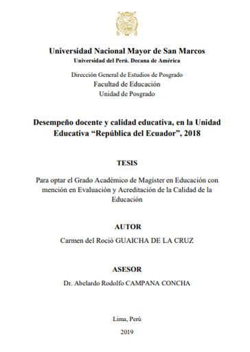 Desempeño docente y calidad educativa, en la Unidad Educativa &quot;República del Ecuador&quot;, 2018